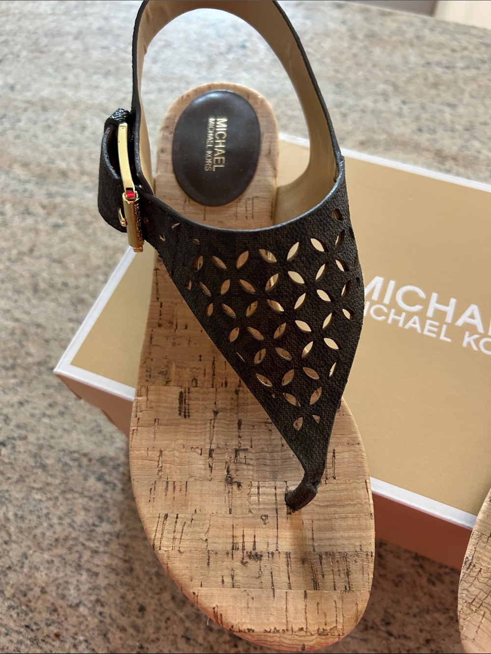 Michael Kors Black Laser-Cut Cork Wedge Thong Sandals